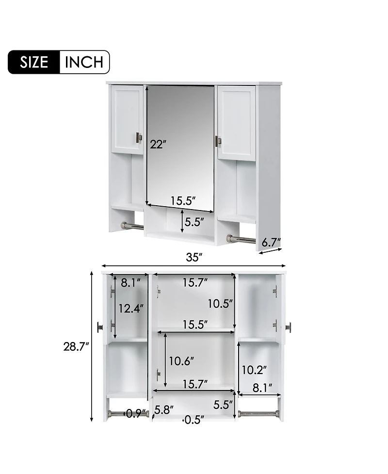 Busdays 35'' x 28'' Modern Wall Mounted Bathroom Storage Cabinet, Bathroom Wall Cabinet with Mirror, Medicine Cabinet with Towels Bar