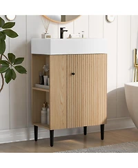 Busdays 21.6" Wood Bathroom vanity, Combo Cabinet, Bathroom Storage Cabinet, Single Ceramic Sink, Left side storage