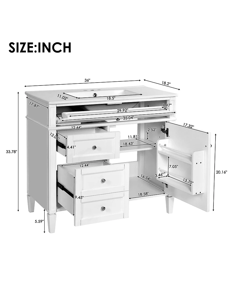 Busdays 36 Inch Bathroom Vanity with Top Sink Modern Storage Cabinet with 2 Drawers and a Tip Out Drawer Single Sink