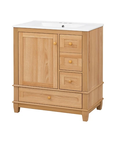 Busdays 30 Inch Natural Wood Color Bathroom Vanity with Ceramic Sink Freestanding Cabinet Solid Rubberwood Legs Soft Close Doors and Drawers