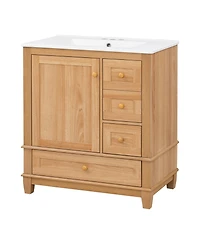 Busdays 30 Inch Natural Wood Color Bathroom Vanity with Ceramic Sink Freestanding Cabinet Solid Rubberwood Legs Soft Close Doors and Drawers