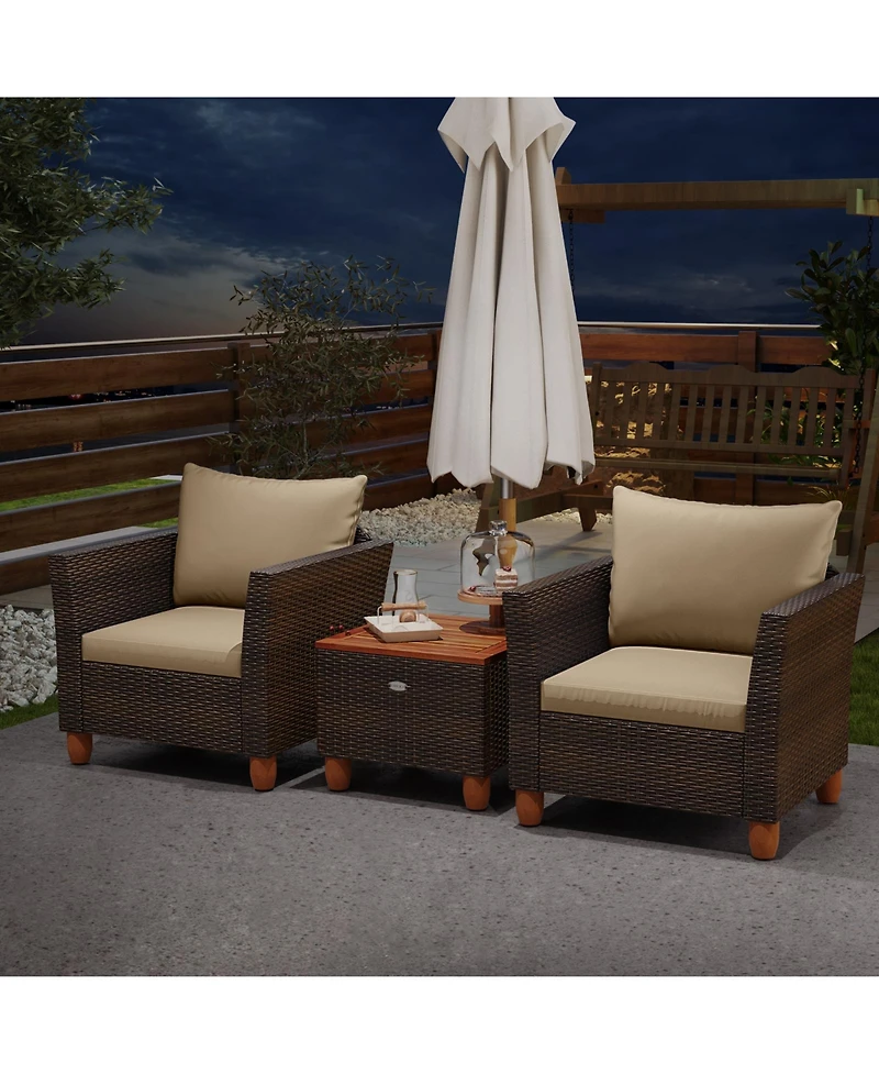 Sugift 3 Piece Patio Wicker Furniture Set with Cushions and Wood Table