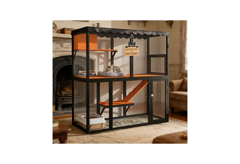 Zeus & Ruta 4 Tier Wooden Catio Outdoor Indoor Cat Enclosure Multi Cats Wp Cover Ramp