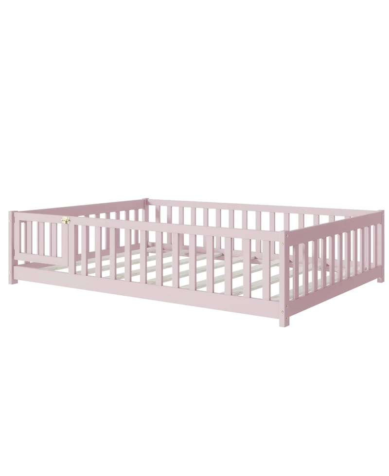 Jujabu Full Rubber Wood Floor Bed with Fence Door and Safety Guardrails