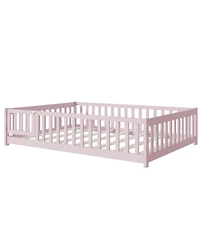 Jujabu Full Rubber Wood Floor Bed with Fence Door and Safety Guardrails