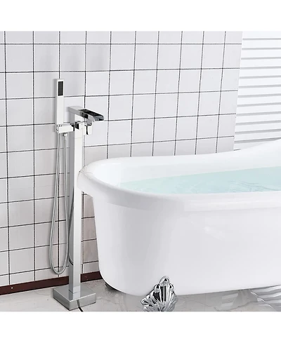 Busdays Bathroom Freestanding Waterfall Tub filler Matte Floor Mount Faucet with Hand Shower