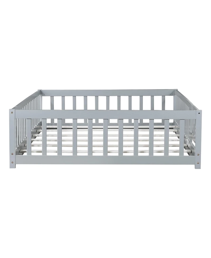 Jujabu Full Rubber Wood Floor Bed with Fence Door and Safety Guardrails