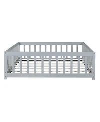 Jujabu Full Rubber Wood Floor Bed with Fence Door and Safety Guardrails
