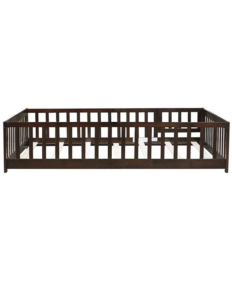 Jujabu Full Rubber Wood Floor Bed with Fence Door and Safety Guardrails