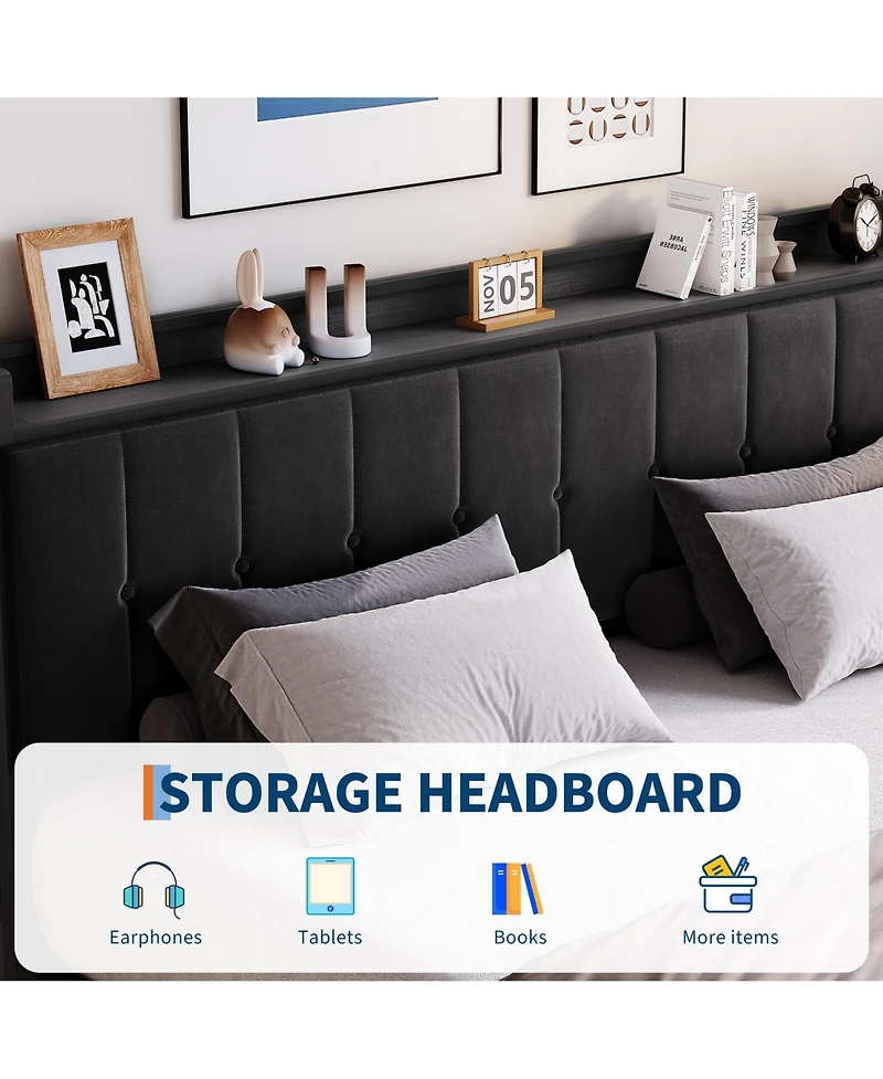Homfan Lift Up Bed Frame, Upholstered Bed with Button Tufted Wingback Storage Headboard, Hydraulic Storage, No Box Spring Needed