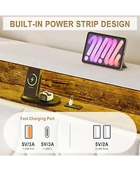 Homfan Bed Frame with Led Lights and Charging Station, Velvet Upholstered and Nailhead Trim Wingback