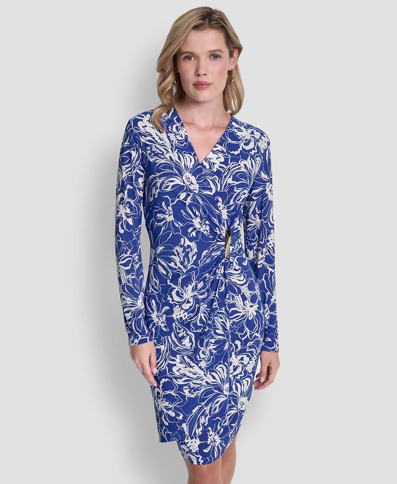 Dkny Women's Long-Sleeve V-Neck Faux-Wrap Dress