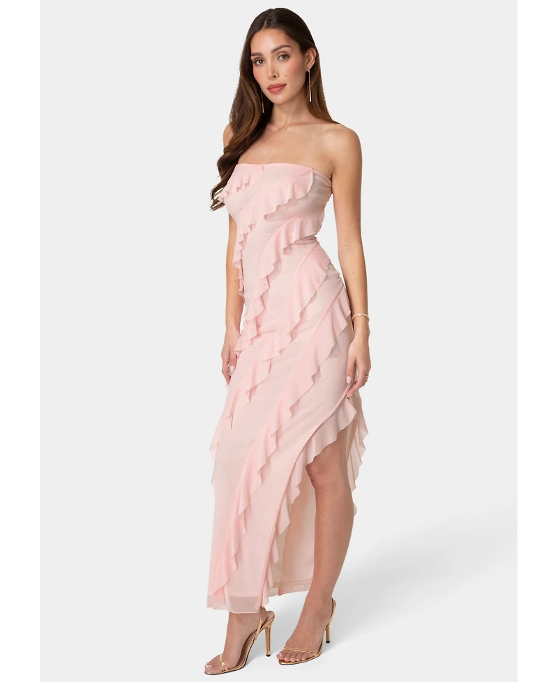 Bebe Women's Strapless Mesh Ruffle Maxi Dress