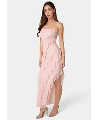 Bebe Women's Strapless Mesh Ruffle Maxi Dress