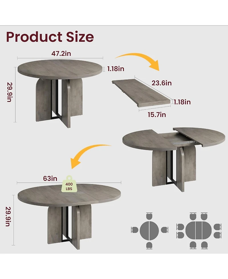 gaomon 47"-63" Extendable Dining Table for 4-8, Farmhouse Expandable Round Kitchen Table Transforms Into Oval, w/Arched Legs, Sturdy Metal Frame