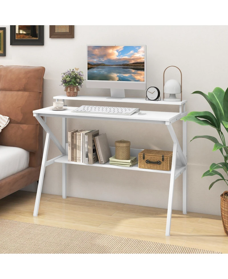Slickblue Computer Desk with Monitor Stand and Storage Shelf, Space Saving for Work Study