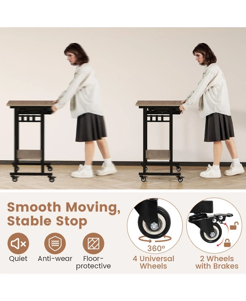 Gouun Rolling Computer Table with Pull-out Keyboard Tray and Storage Hooks