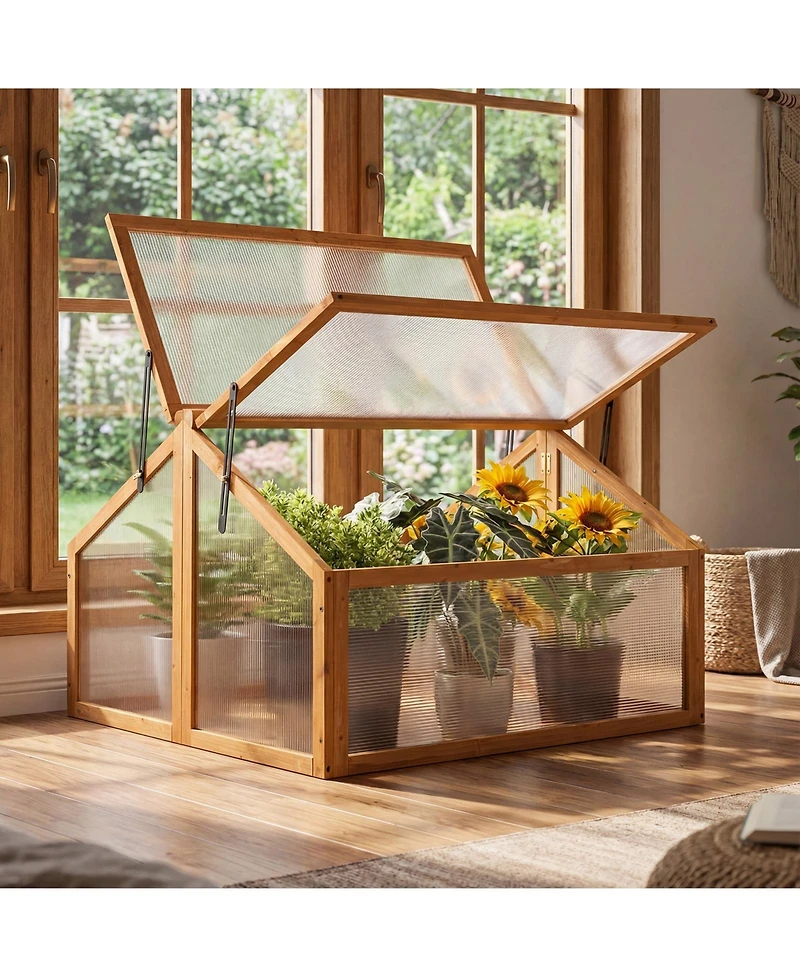 Sugift Wood Cold Frame Greenhouse with Openable Transparent Roof