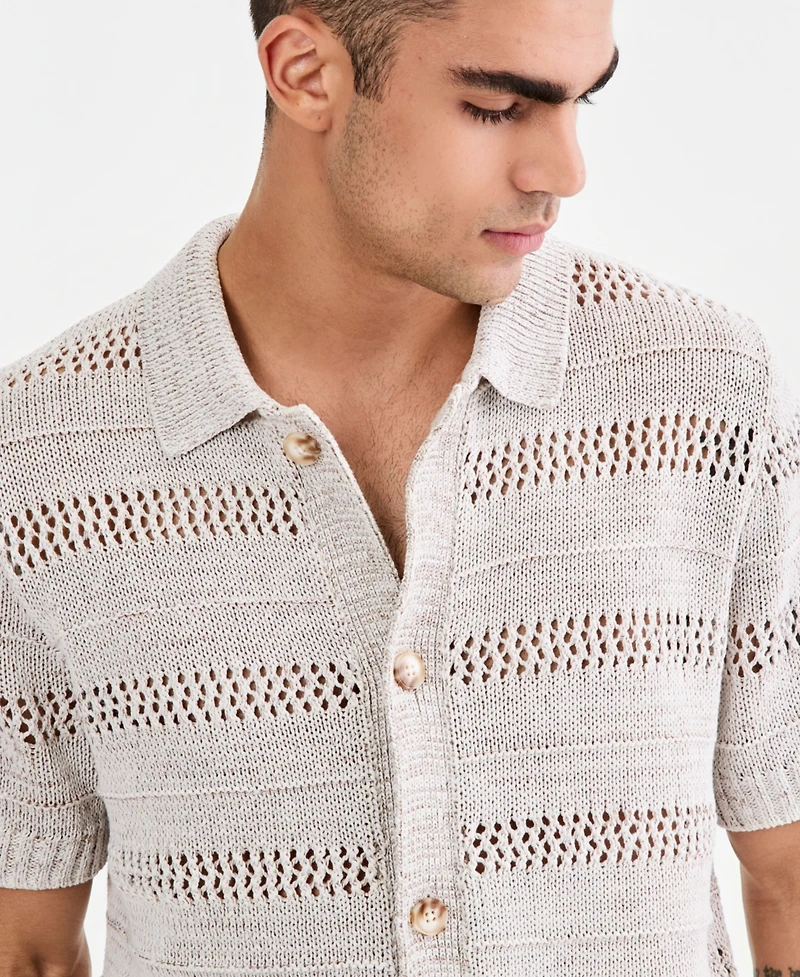 Sun + Stone Men's Striped Open-Stitch Button Sweater, Macy's Exclusive