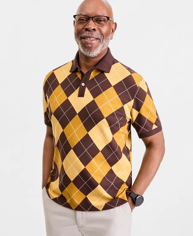 argyle dress shirt Men's Argyle Polo Shirt Casual Short Sleeve Button Down Plaid Knitted Shirts