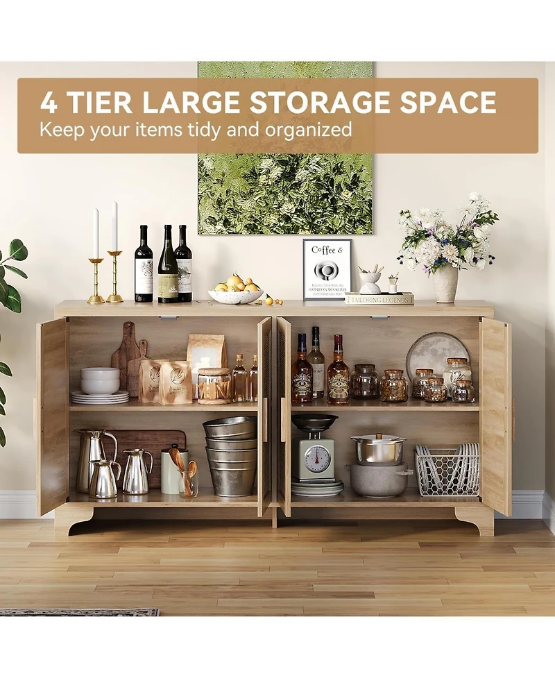 4-Door Boho Sideboard Buffet Cabinet, Natural Rattan Storage, Entryway Console or Coffee Bar Table for Dining Room, Living Kitchen,