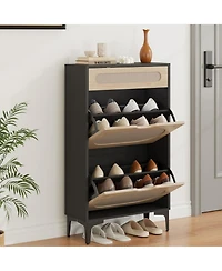 gaomon Rattan Shoe Cabinet with 2 Flip Drawers & 1 Pull-Out Drawer – Free-Standing Shoe Storage Cabinet with 3-Position Adjustable Shelf