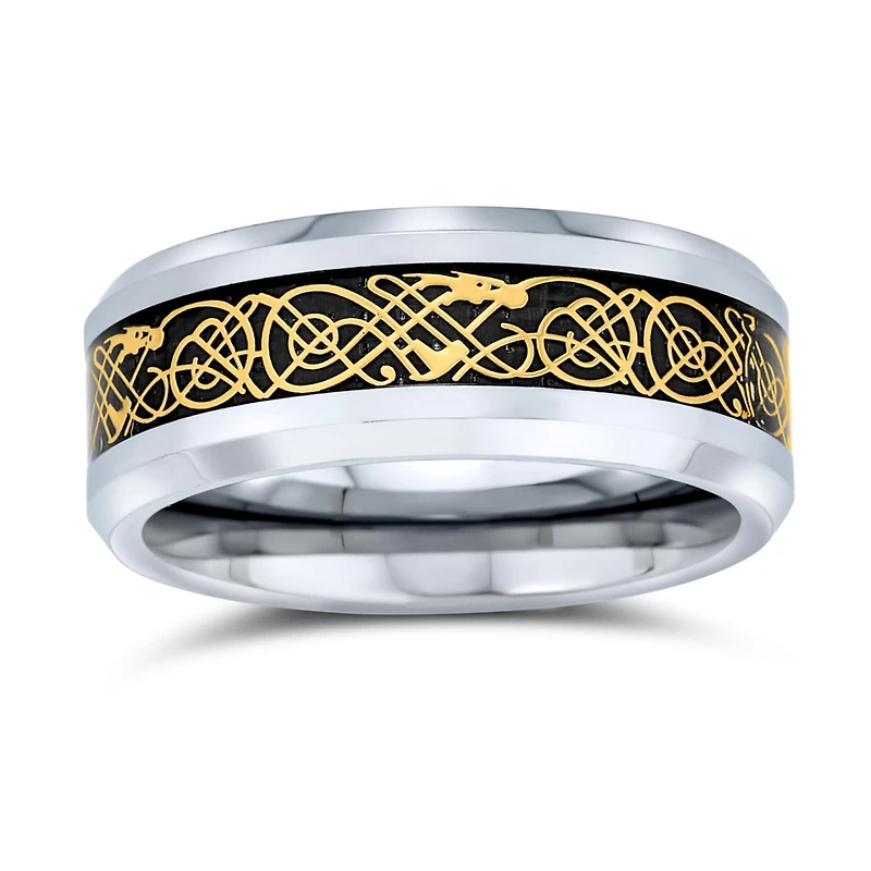 Bling Jewelry Two-Tone Celtic Dragon Knot Carbon Fiber Inlay Wedding Band Ring 8MM Titanium