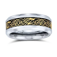 Bling Jewelry Two-Tone Celtic Dragon Knot Carbon Fiber Inlay Wedding Band Ring 8MM Titanium