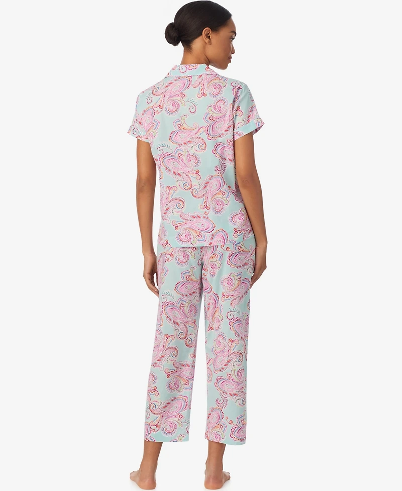 Lauren Ralph Women's Short-Sleeve Notch Collar Cropped Pant Pajama Set
