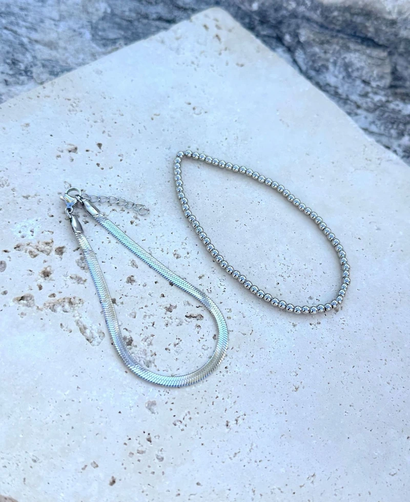 Adornia Tarnish Resistant Silver Herringbone and Beaded Bracelet Set