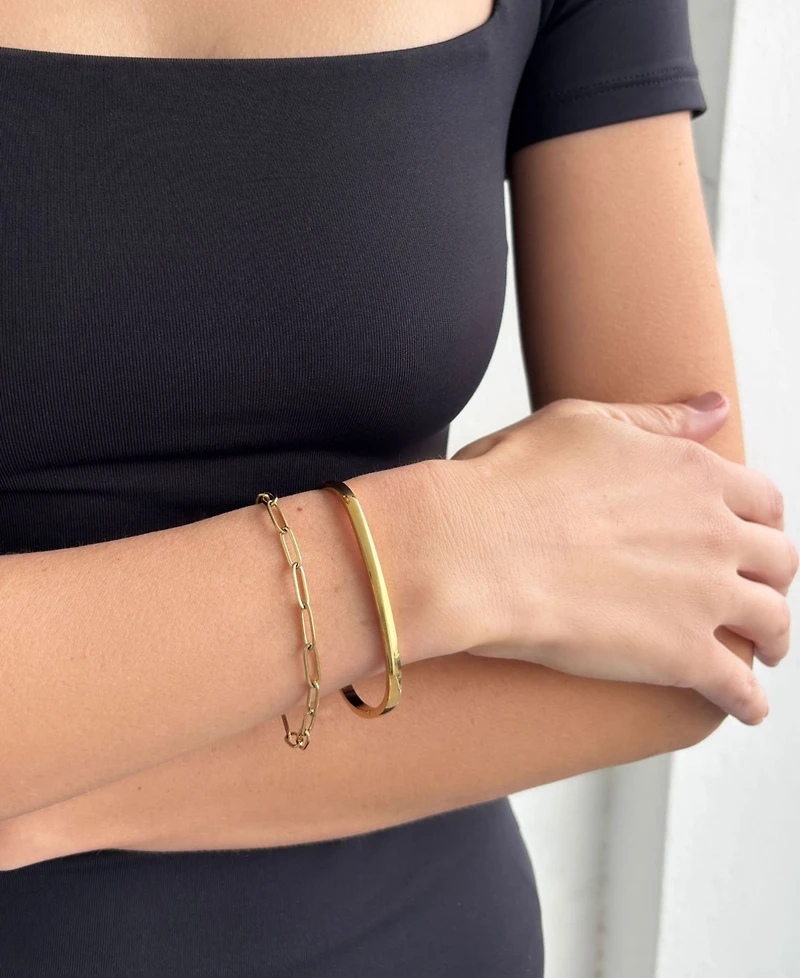 Adornia Tarnish Resistant Gold Rectangular Cuff and Paper Clip Chain Bracelet Set