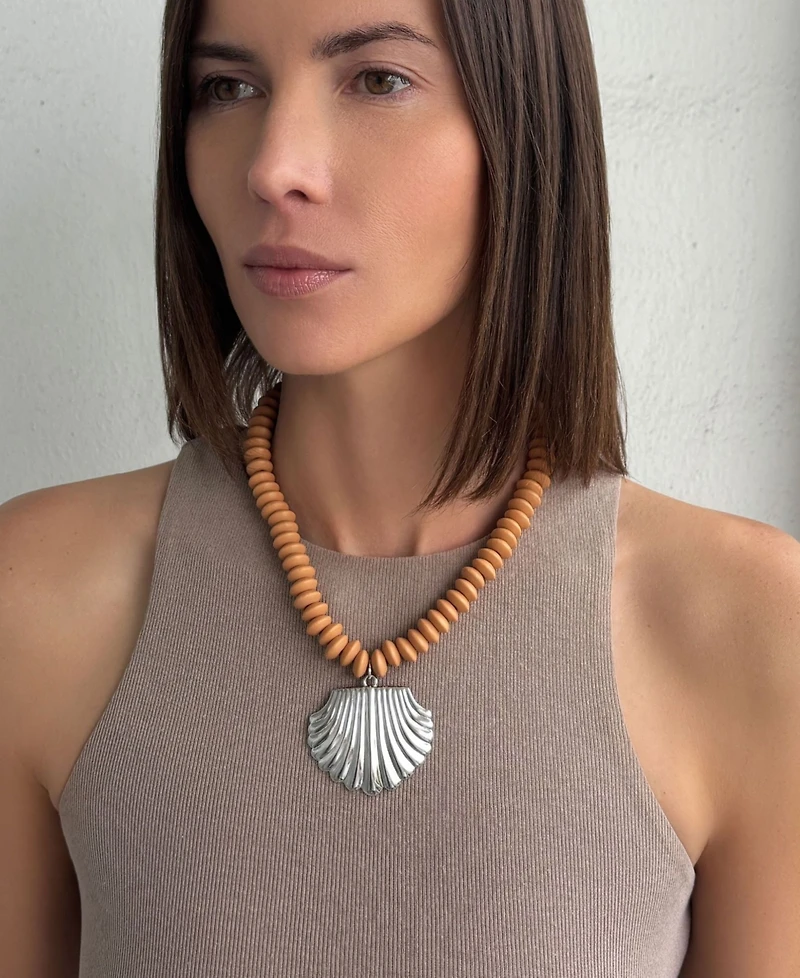 Adornia Silver Oversized Shell Charm on a Wood Beaded Magnetic Clasp Chain