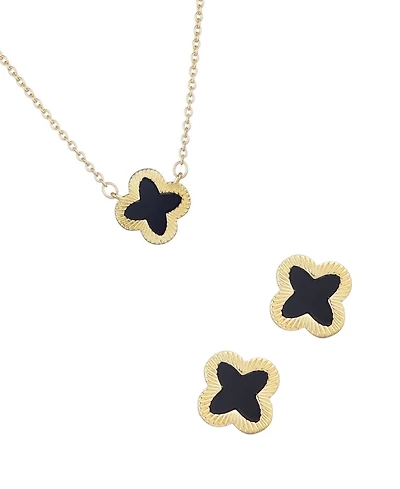 Adornia Gold 2-Piece Black Inlay Clover Pendant Necklace and Earrings Set