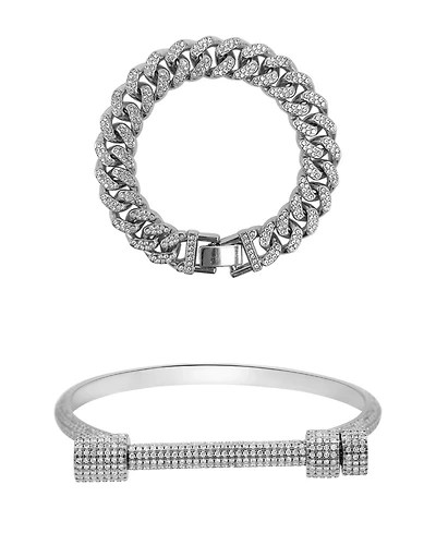 Adornia Silver 2-Piece Chunky Crystal Curb Chain and Cuff Bracelet Set