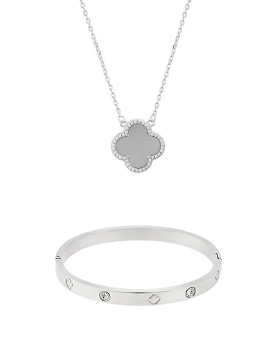 Adornia Silver2-Piece Halo Clover Necklace and Bracelet Set