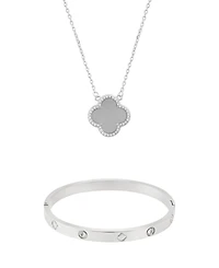 Adornia Silver2-Piece Halo Clover Necklace and Bracelet Set