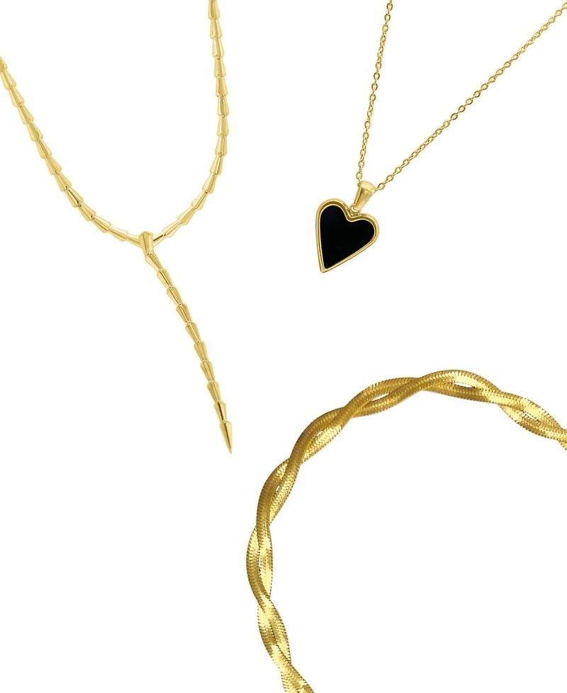Adornia Gold 3-Piece Lariat, Herringbone Chain and Heart Pendant Necklace Set
