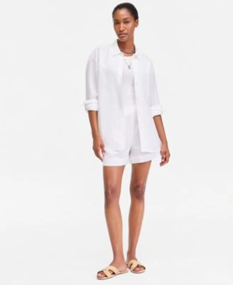 On 34th Womens Kayla Stripe Relaxed Button Down Shirt Smocked Tube Top Pull On Shorts Macys Exclusive