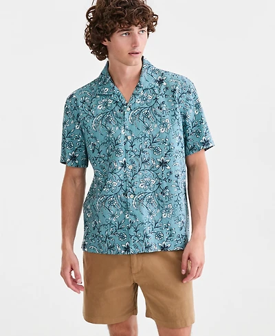 Sun + Stone Men's Linen & Cotton Floral-Print Camp Shirt, Macy's Exclusive