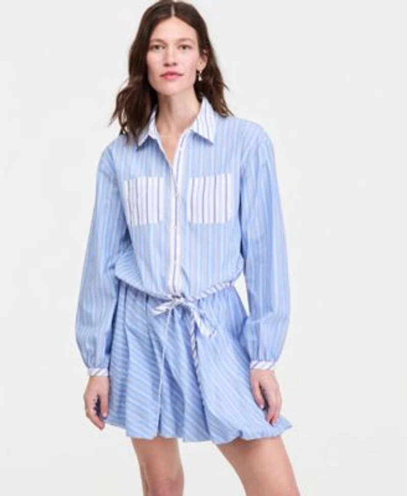 On 34th Womens Montauk Variegated Stripe Tie Hem Puff Sleeve Shirt Bubble Hem Skirt Macys Exclusive