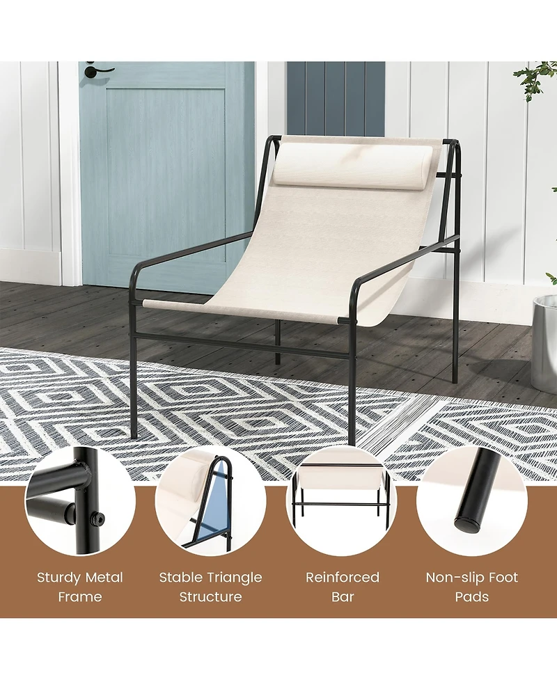 Gymax Patio Sling Chair Modern Accent Chair w/ Removable Headrest and Sturdy Metal Frame