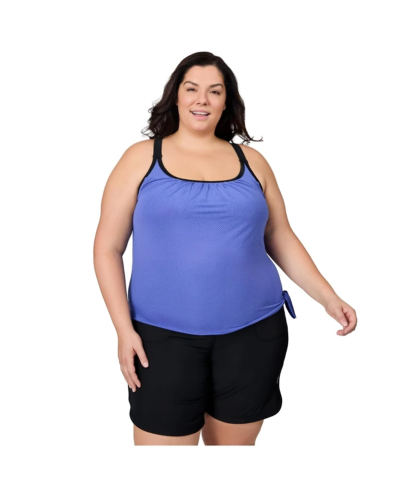 Free Country Plus Textured Mesh Side Tie Blouson Tankini Top