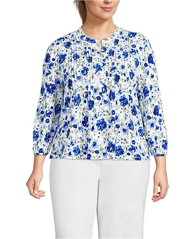 Lands' End Plus Lightweight Jersey Button Pintuck Top