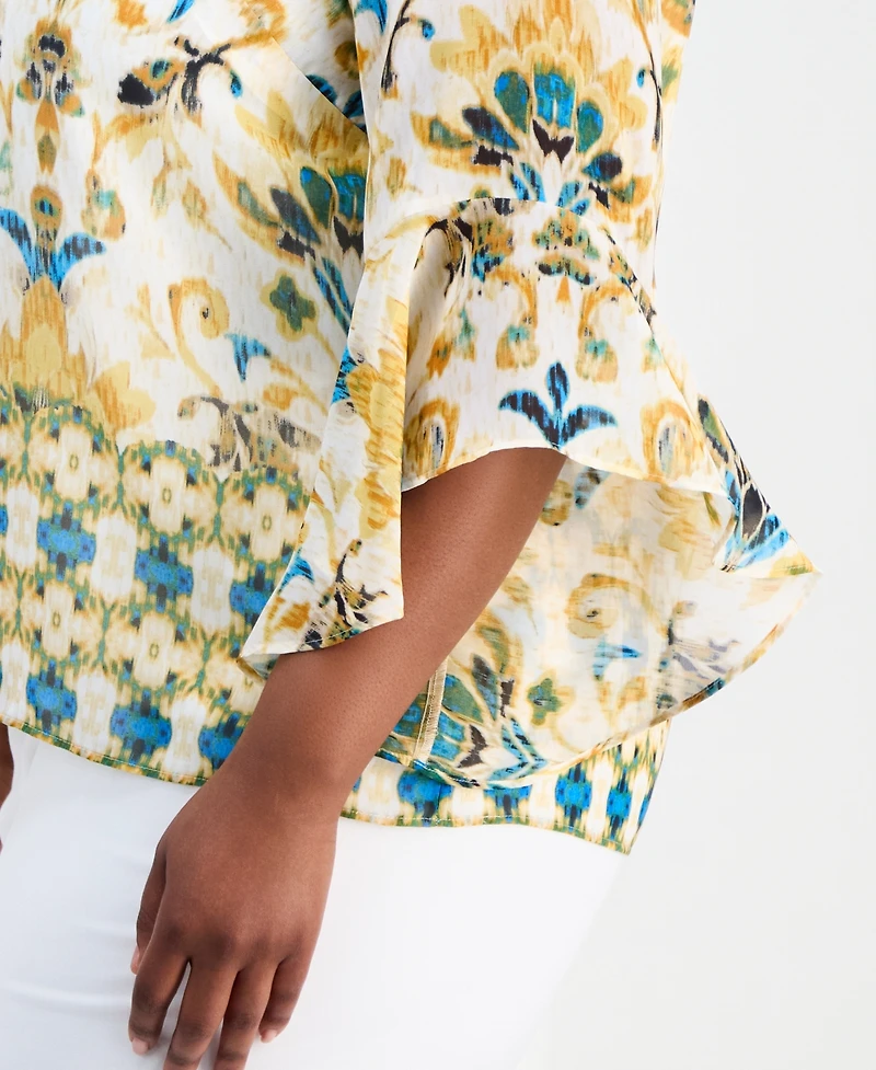 Kasper Plus Border-Print Ruffle-Sleeve Top