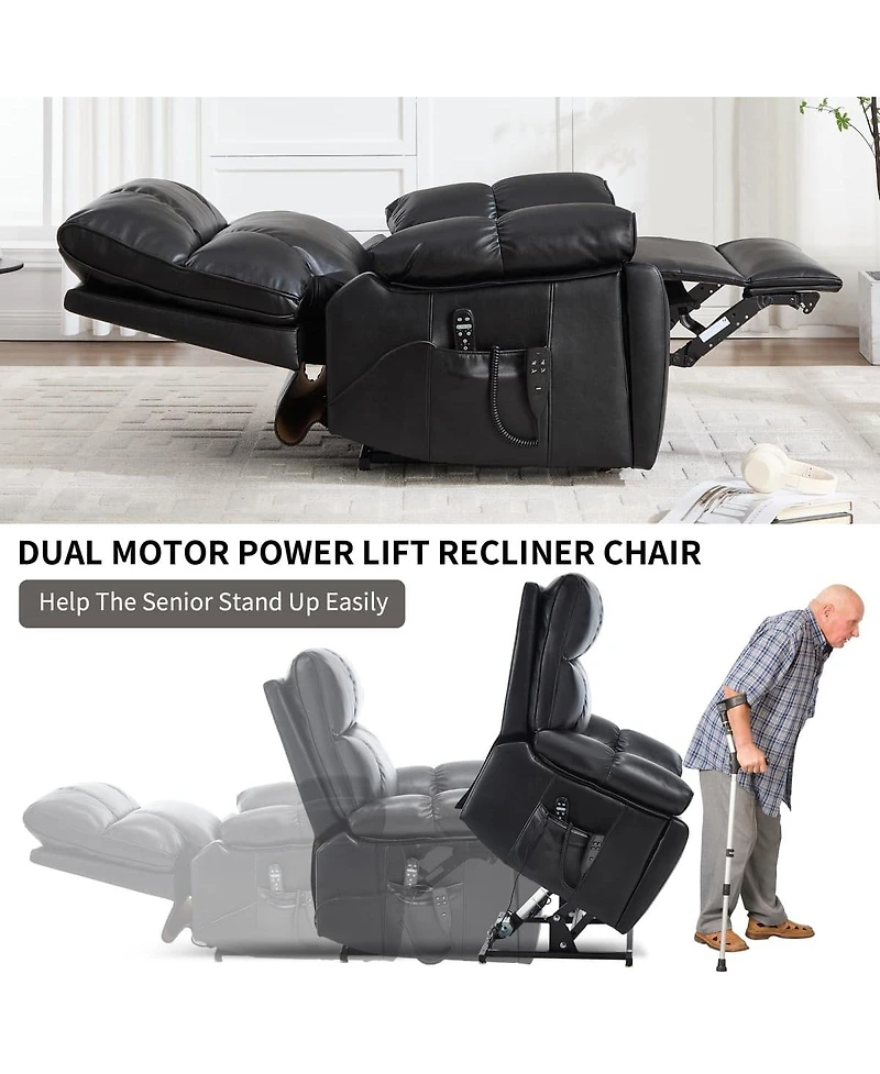 Maison Boucle Oversized Power Lift Recliner Chair for Elderly, Faux Leather Dual Motor Infinite Position with Massage, Heat, Remote & Cup Holders