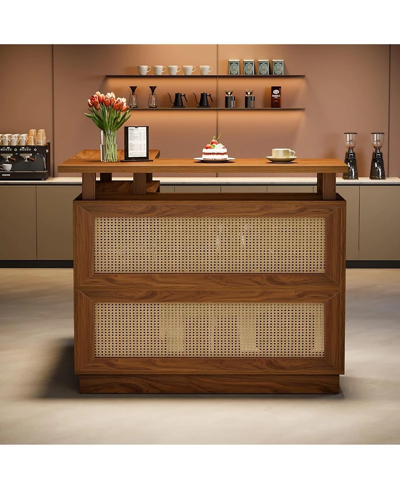 Tribesigns L Shaped Bar Table with 4-Tier Storage Shelf, Rattan Home Bar Unit with 2 Stemware Racks, Corner Mini Coffee Liquor Cabinet
