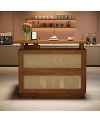 Tribesigns L Shaped Bar Table with 4-Tier Storage Shelf, Rattan Home Bar Unit with 2 Stemware Racks, Corner Mini Coffee Liquor Cabinet