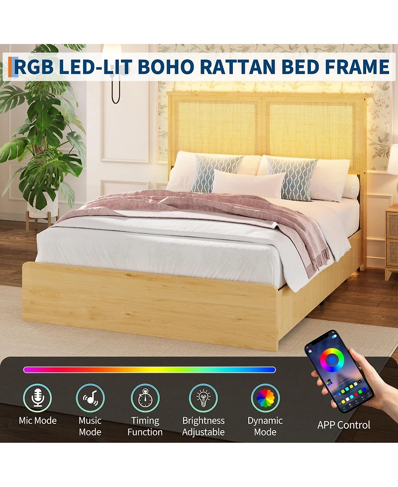 gaomon Bohemian Platform Bed Frame with Rattan Storage Headboard, Adjustable Led Lights, Wooden Support Legs, No Box Spring Needed