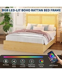 gaomon Bohemian Platform Bed Frame with Rattan Storage Headboard, Adjustable Led Lights, Wooden Support Legs, No Box Spring Needed