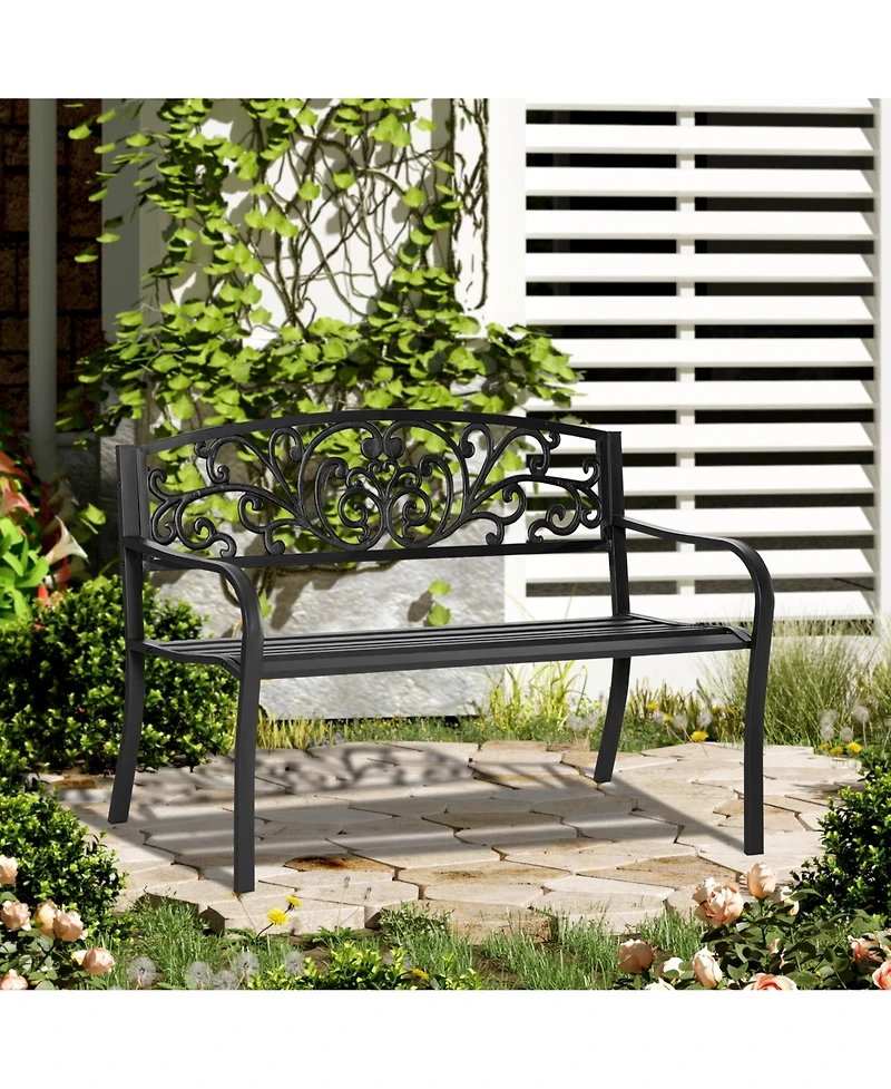 Clihome 50" Outdoor Bench, Metal Garden Bench with Floral Pattern Backrest, Porch Bench